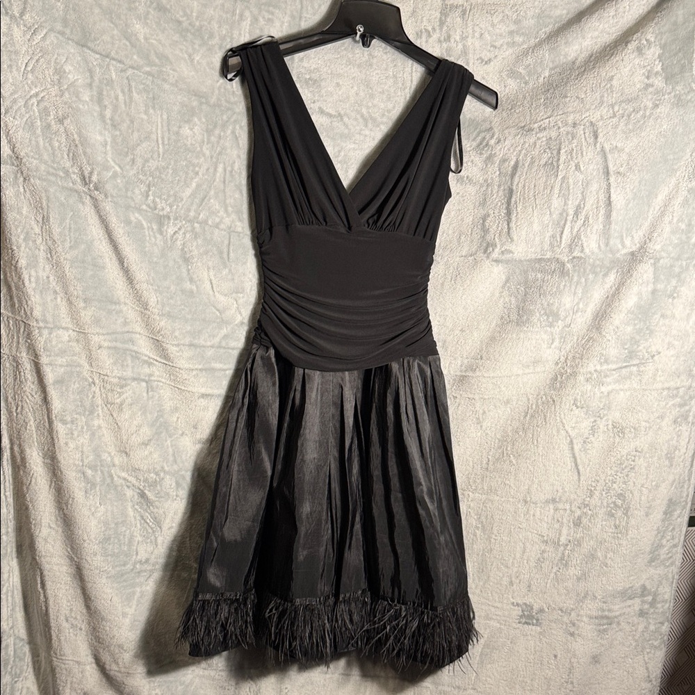 SL Fashions Dress size 4 Black V-Neck Dress special occasion feather trim at hem